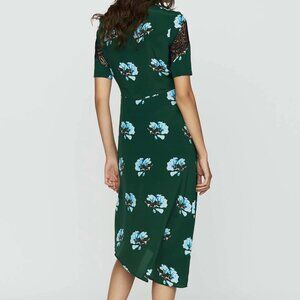 Maje Asymmetric green midi printed dress with lace floral